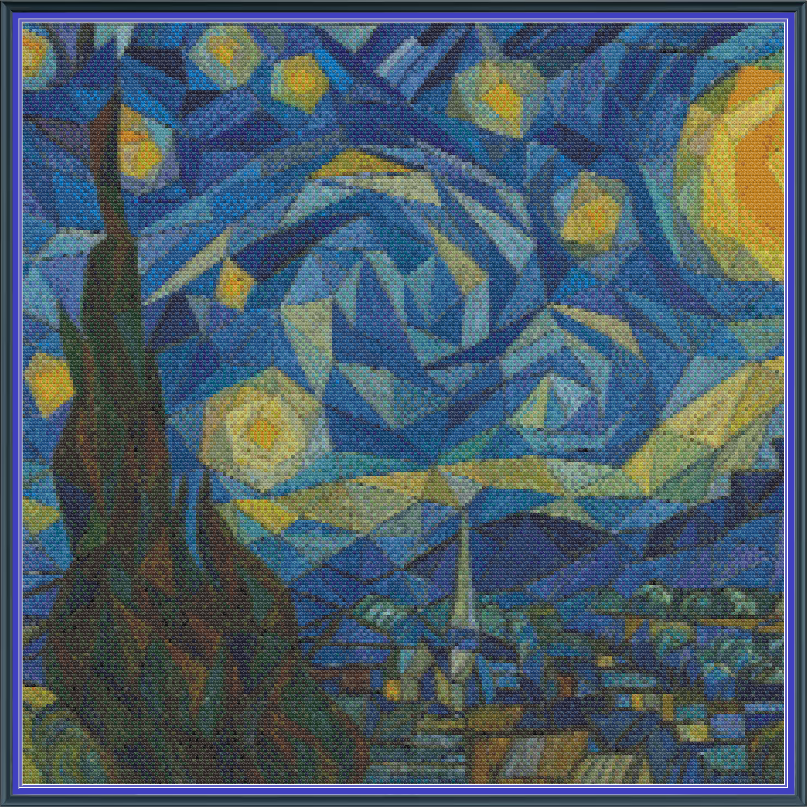 Riley Wood and Fiber Art – The Starry Night Cubed 1© – Original Cross Stitch Pattern | Fine Art Cross Stitch | 14 Count Aida | Digital Pattern made by Riley Wood and Fiber Art
