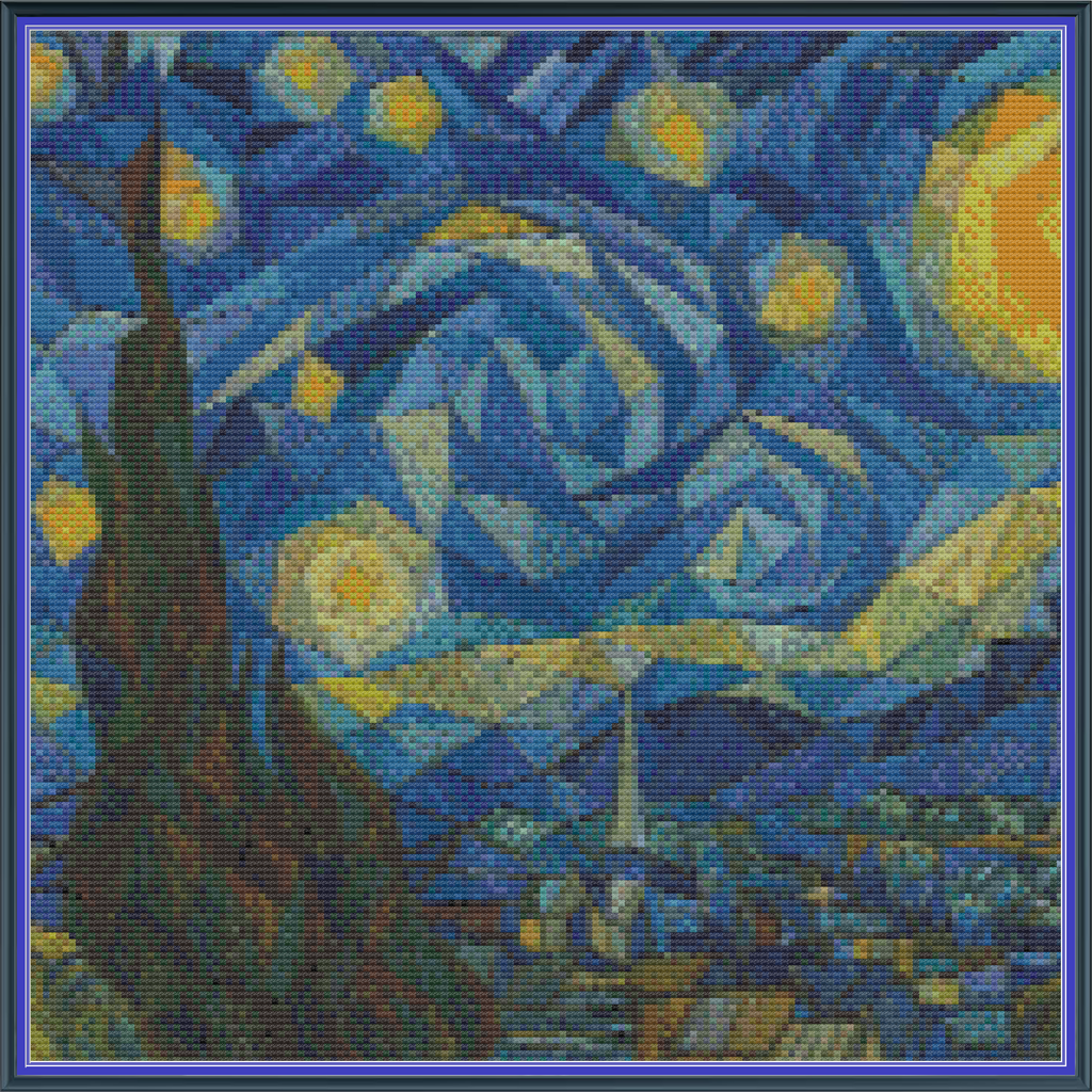 Riley Wood and Fiber Art – The Starry Night Cubed 1© – Original Cross Stitch Pattern | Fine Art Cross Stitch | 14 Count Aida | Digital Pattern made by Riley Wood and Fiber Art
