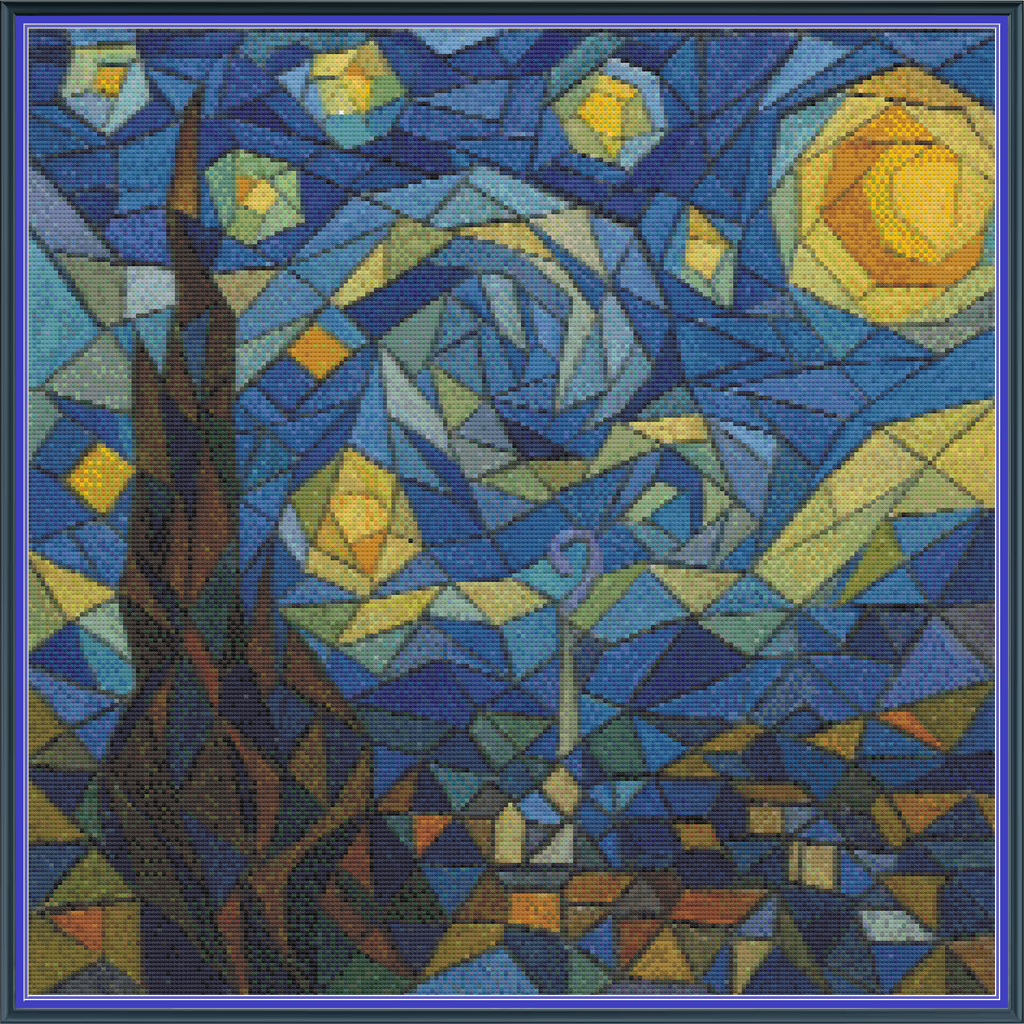 Riley Wood and Fiber Art – The Starry Night Cubed 2© – Original Cross Stitch Pattern | Fine Art Cross Stitch | 14 Count Aida | Digital Pattern made by Riley Wood and Fiber Art