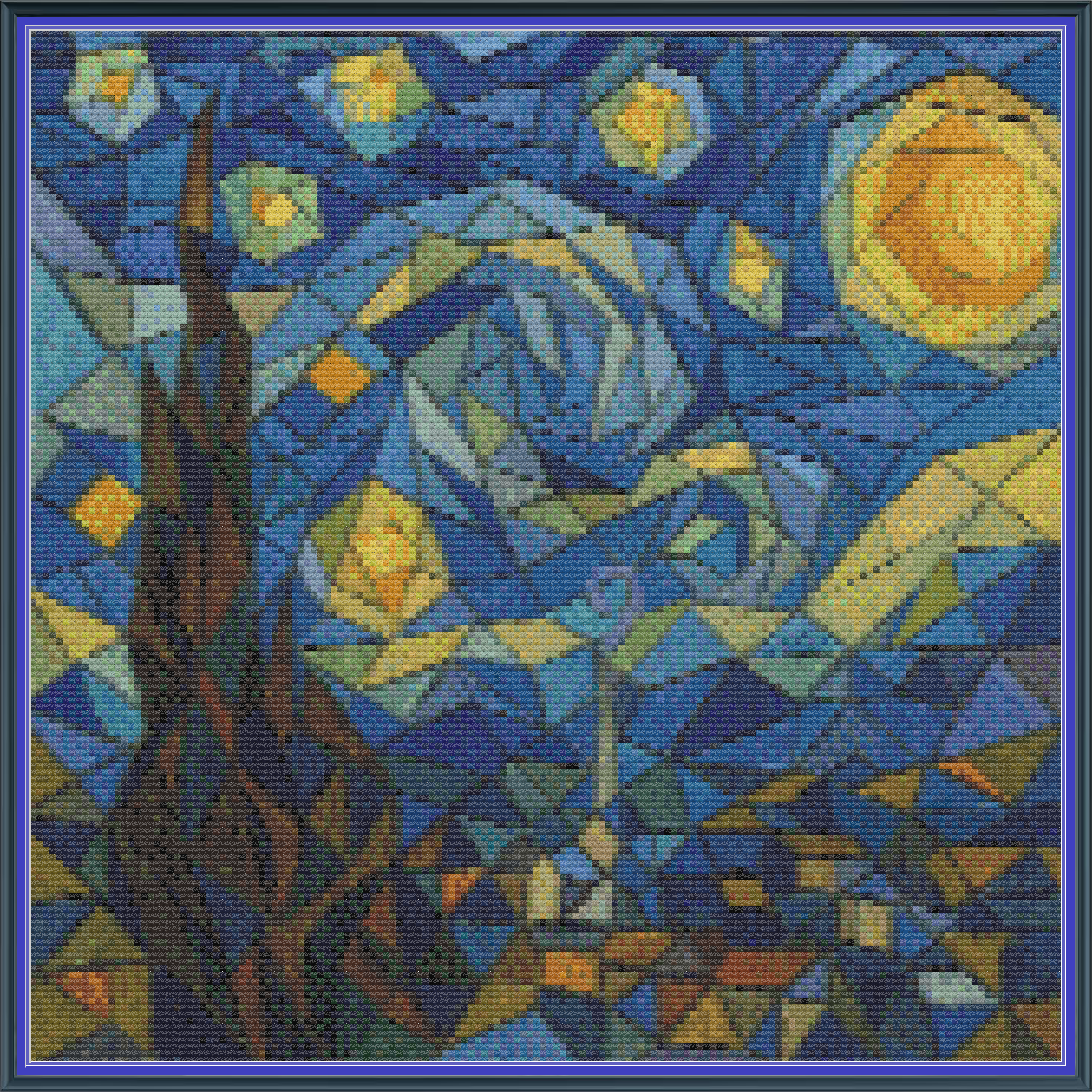 Riley Wood and Fiber Art – The Starry Night Cubed 2© – Original Cross Stitch Pattern | Fine Art Cross Stitch | 14 Count Aida | Digital Pattern made by Riley Wood and Fiber Art