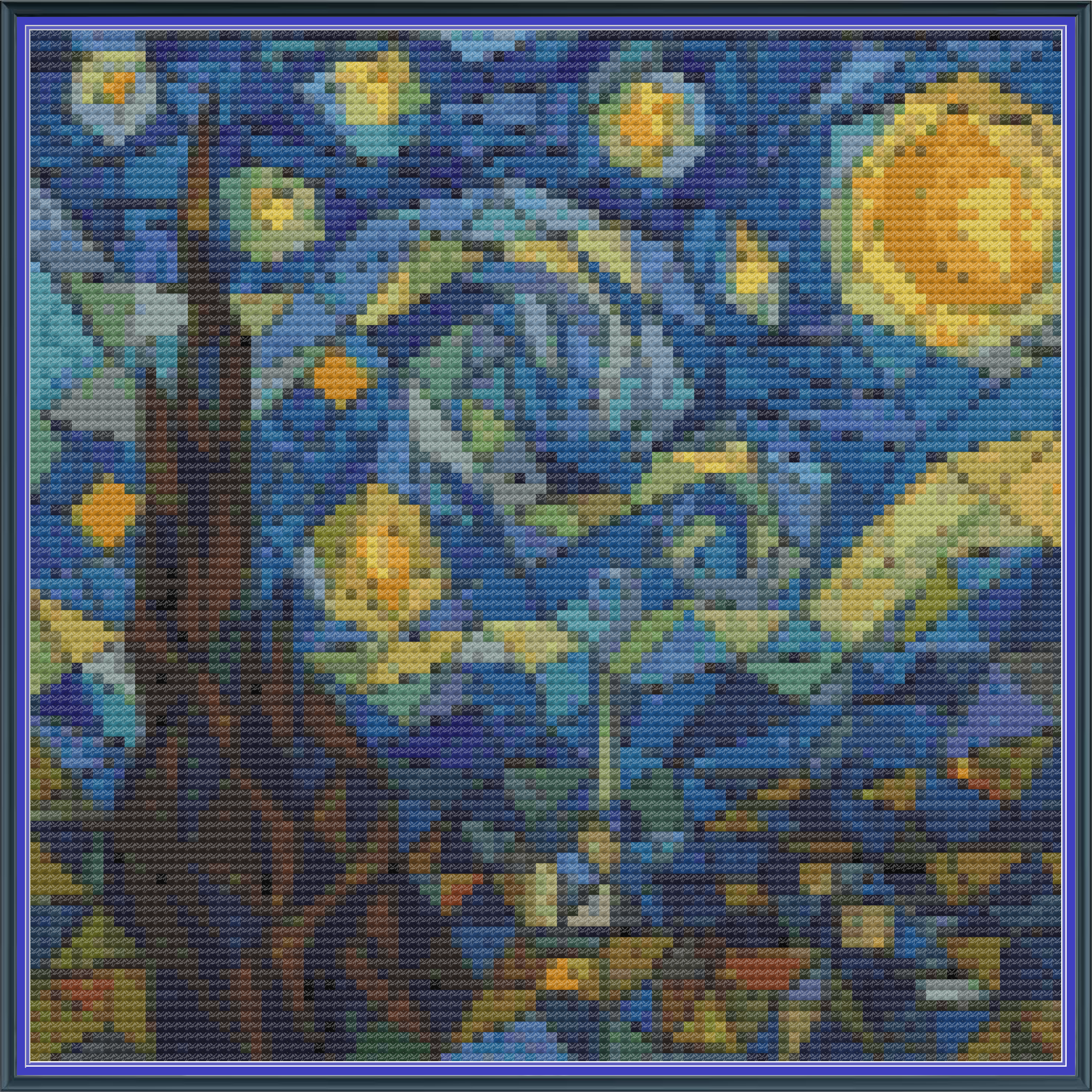 Riley Wood and Fiber Art – The Starry Night Cubed 2© – Original Cross Stitch Pattern | Fine Art Cross Stitch | 14 Count Aida | Digital Pattern made by Riley Wood and Fiber Art