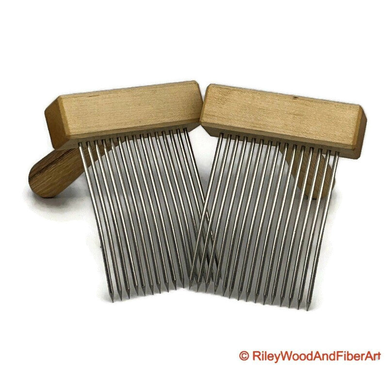 Wool Combs - Pair Single Row Fine Tooth - Maple and Hickory made by Riley Wood and Fiber Art
