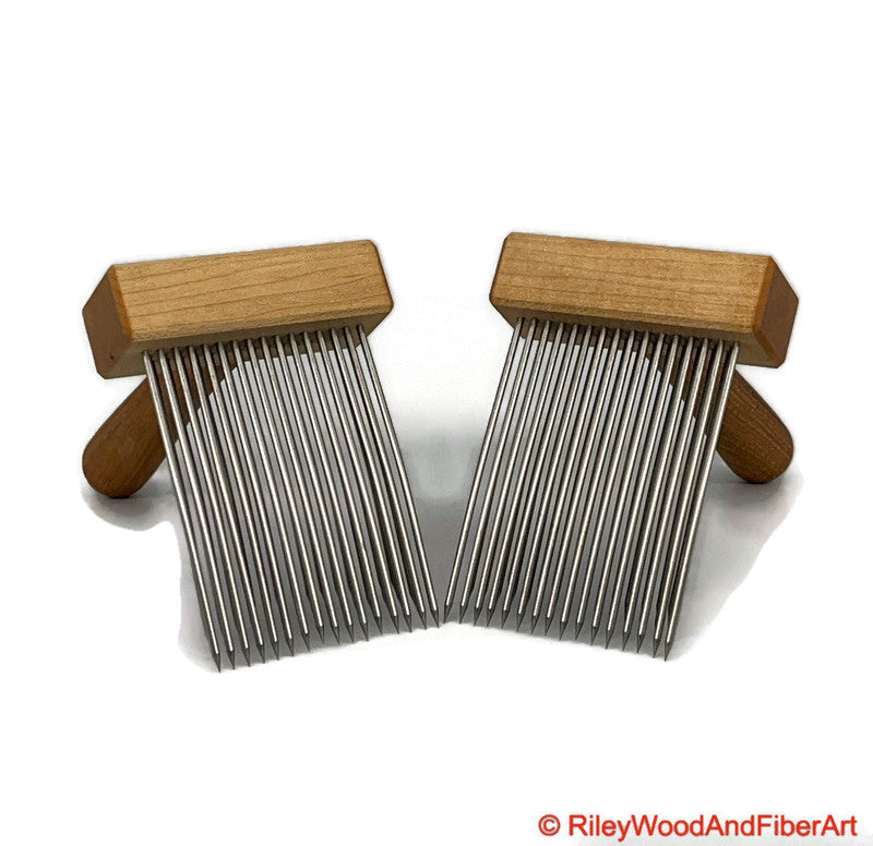 Wool Combs - Pair Triple Row Fine Tooth - Maple and Hickory made by Riley Wood and Fiber Art