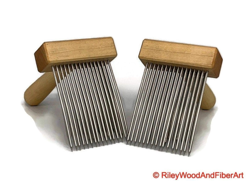 Wool Combs - Pair Triple Row Fine Tooth - Maple and Maple made by Riley Wood and Fiber Art