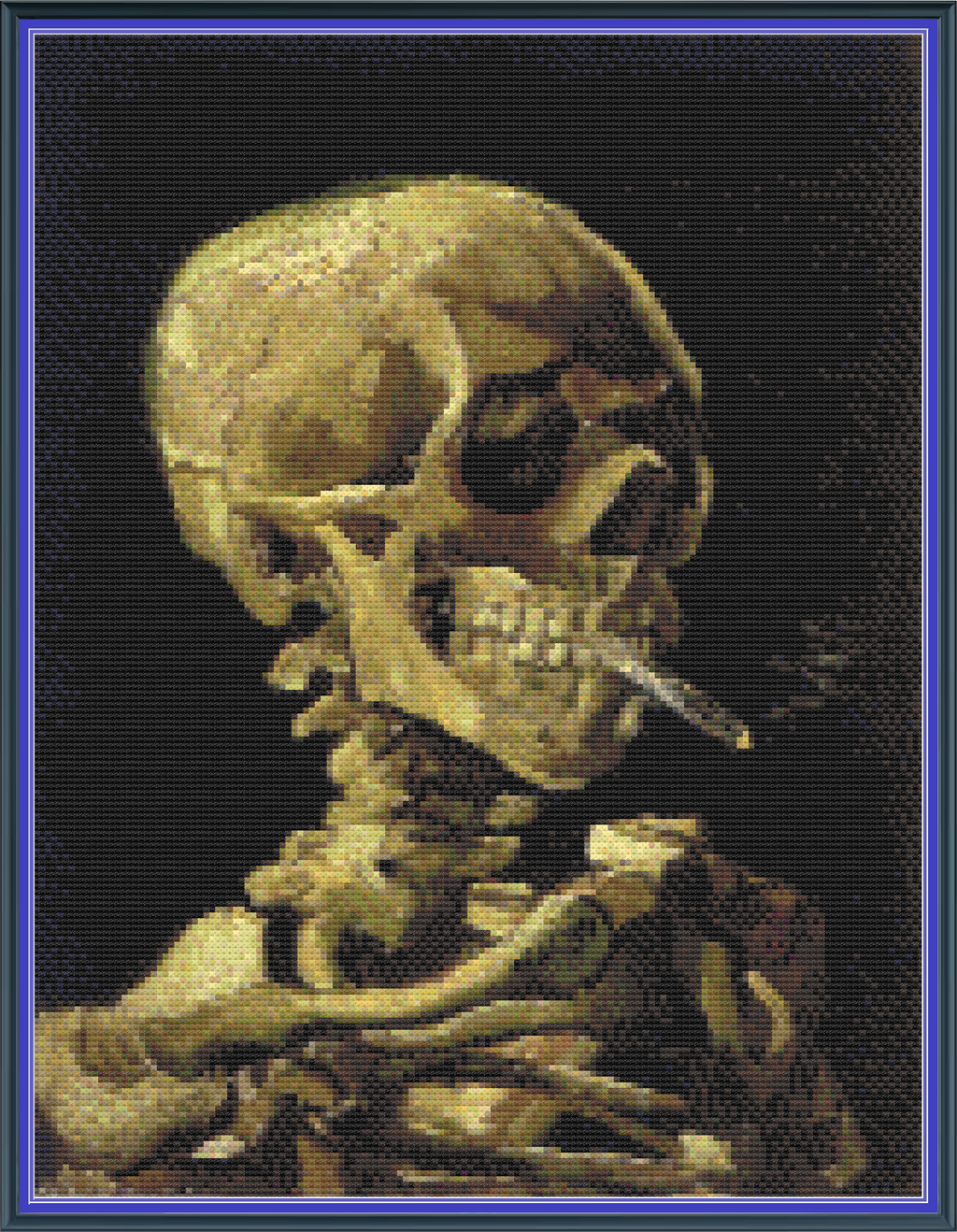 Riley Wood and Fiber Art - Skull of a Skeleton with Burning Cigarette© – Cross Stitch Pattern | Fine Art Cross Stitch | 14 Count Aida | Digital Pattern made by Riley Wood and Fiber Art