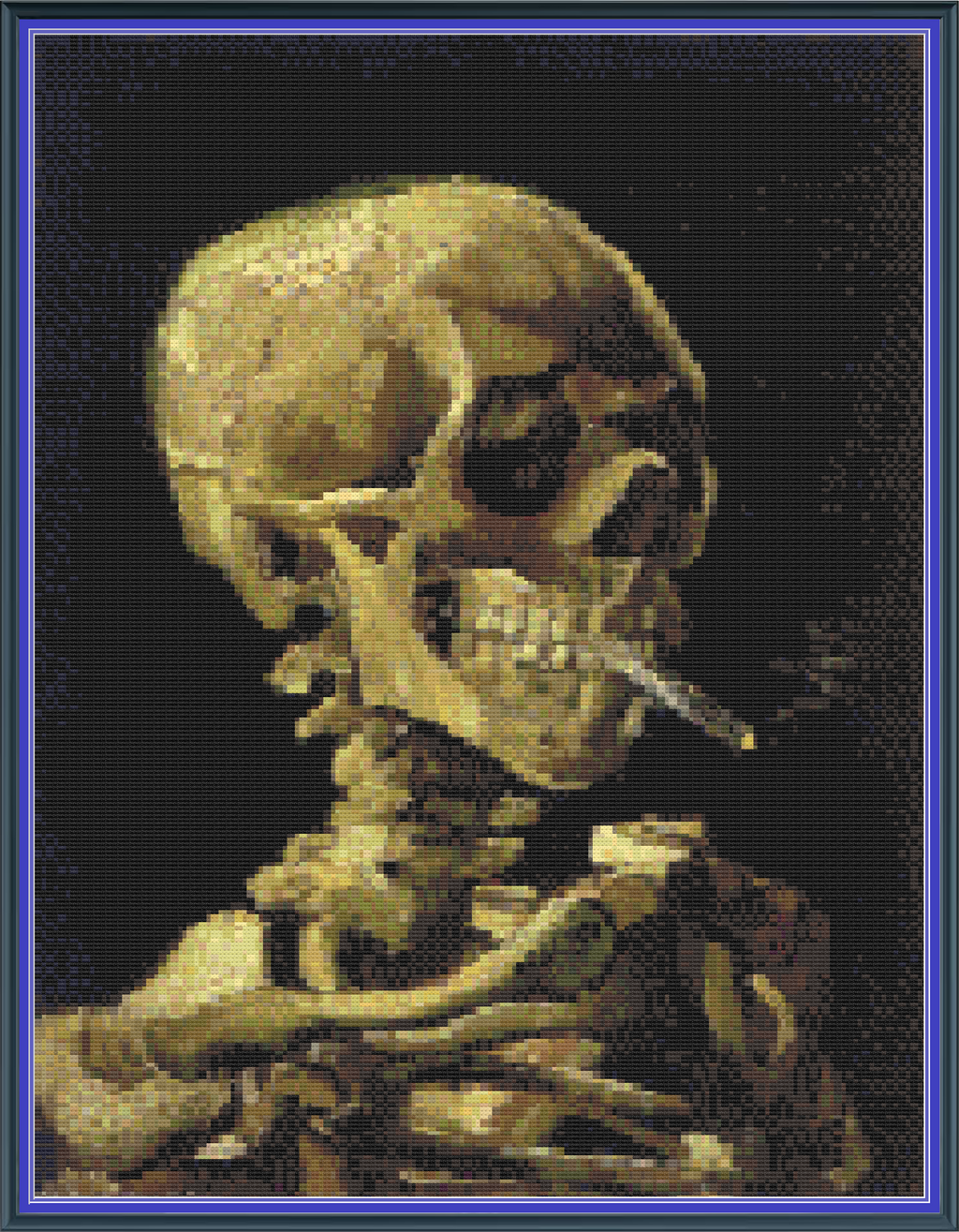 Riley Wood and Fiber Art - Skull of a Skeleton with Burning Cigarette© – Cross Stitch Pattern | Fine Art Cross Stitch | 14 Count Aida | Digital Pattern made by Riley Wood and Fiber Art