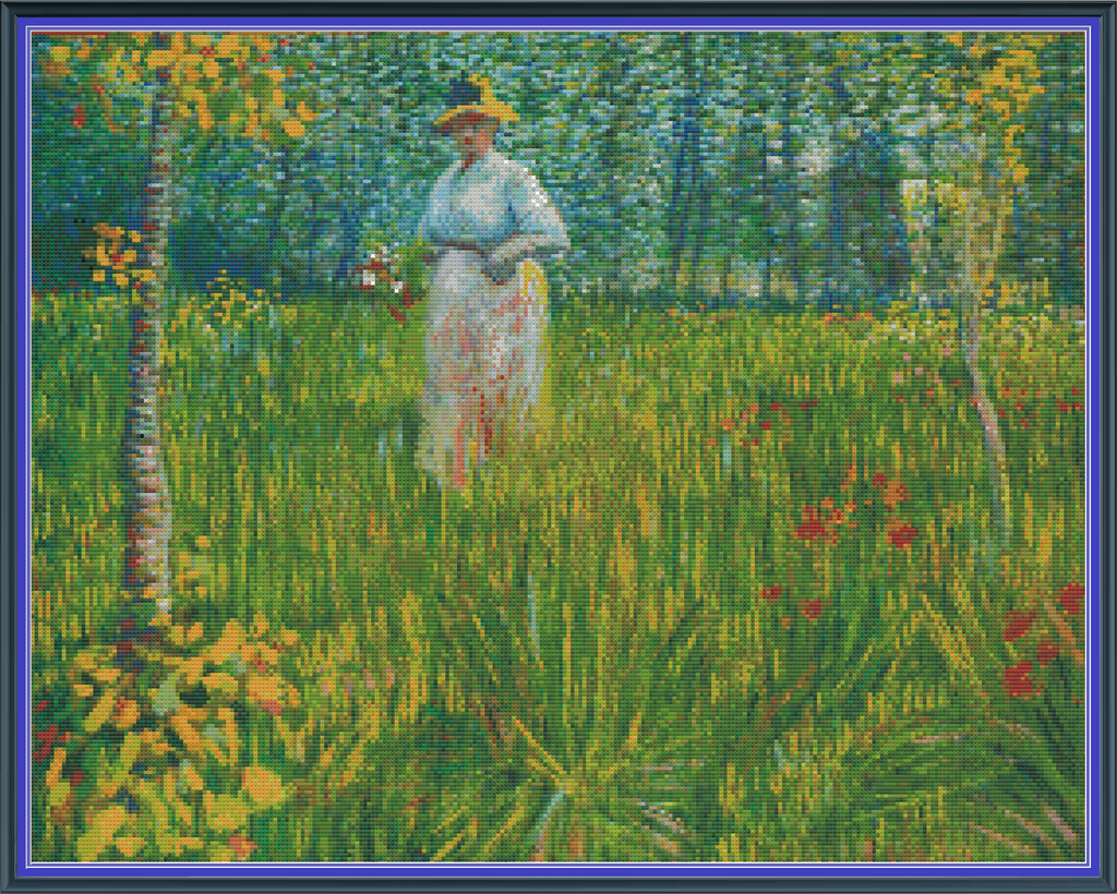 Riley Wood and Fiber Art - A Woman Walking in a Garden© – Cross Stitch Pattern | Fine Art Cross Stitch | 14 Count Aida | Digital Pattern made by Riley Wood and Fiber Art