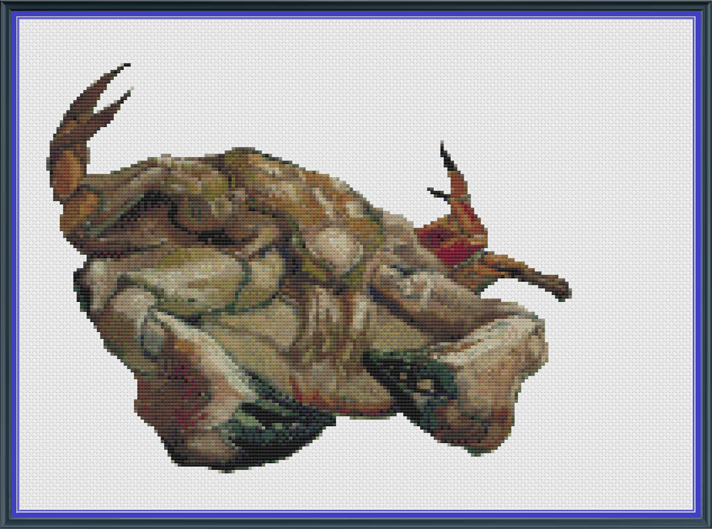 Riley Wood and Fiber Art - Crab on Its Back© – Cross Stitch Pattern | Fine Art Cross Stitch | 14 Count Aida | Digital Pattern made by Riley Wood and Fiber Art