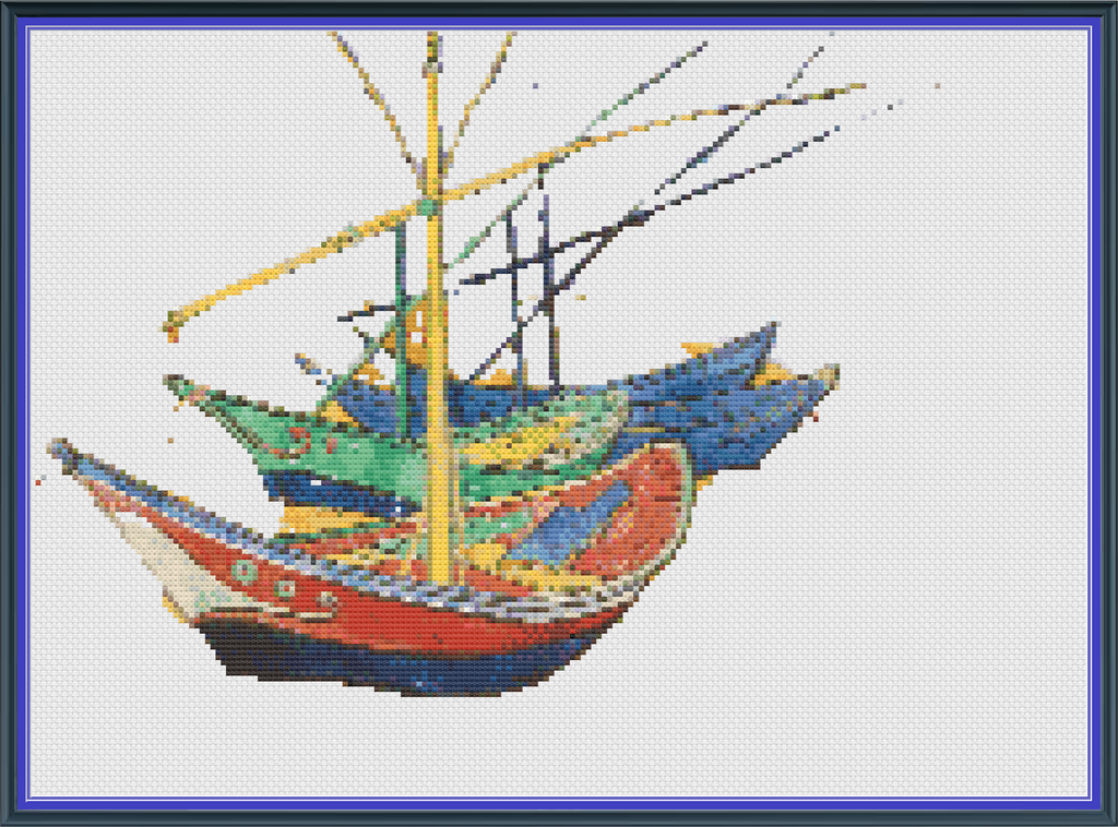 Riley Wood and Fiber Art - Fishing Boats on the Beach© – Cross Stitch Pattern | Fine Art Cross Stitch | 14 Count Aida | Digital Pattern made by Riley Wood and Fiber Art