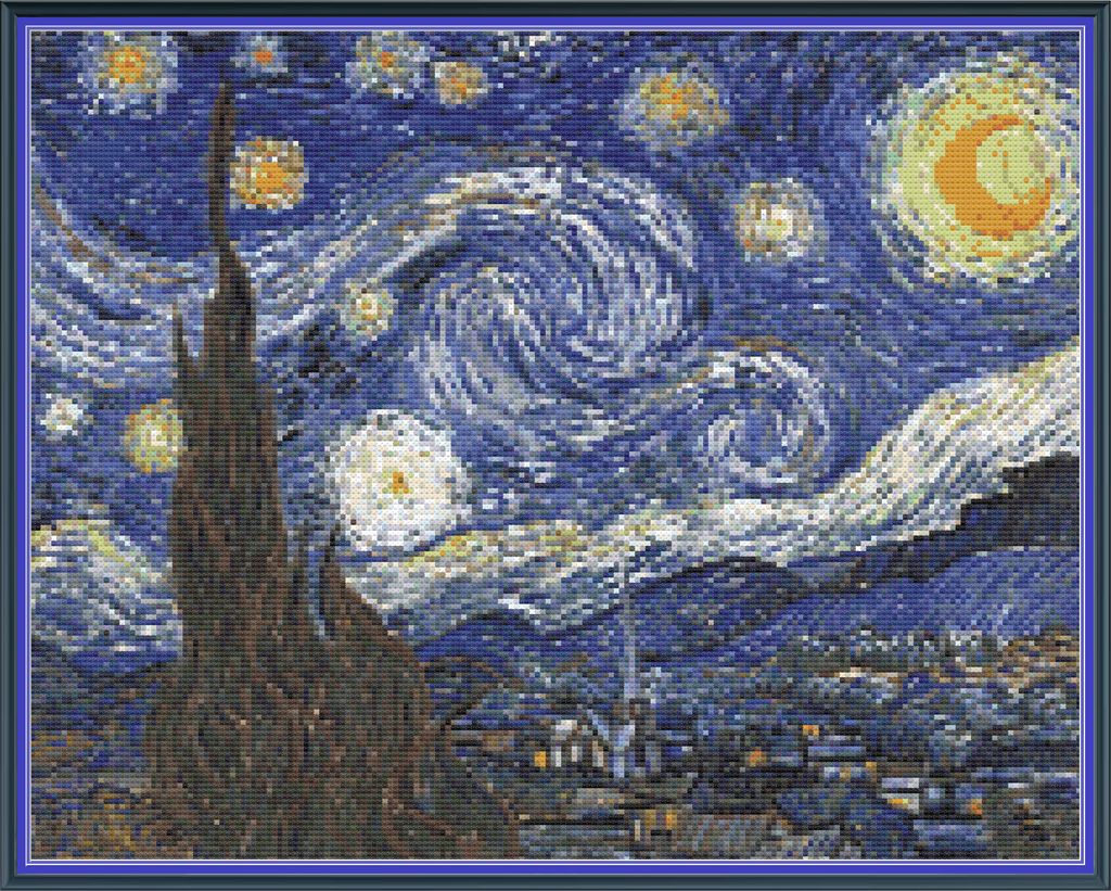 Riley Wood and Fiber Art - The Starry Night© – Cross Stitch Pattern | Fine Art Cross Stitch | 14 Count Aida | Digital Pattern made by Riley Wood and Fiber Art