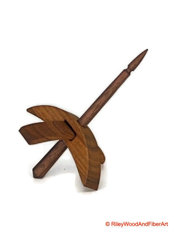 Mini Turkish Drop Spindle - Quartersawn Canary Whorl with Walnut Shaft on white background