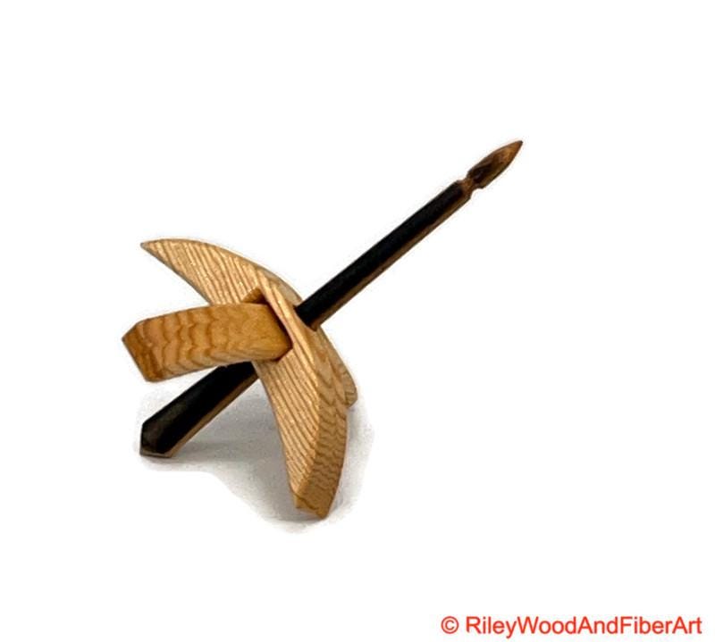 Mini Turkish Drop Spindle - Sitka Spruce Whorl with Black and White Ebony Shaft on white background