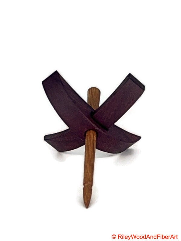 Mini Turkish Drop Spindle - Purple Heart Whorl with White Oak Shaft on white background