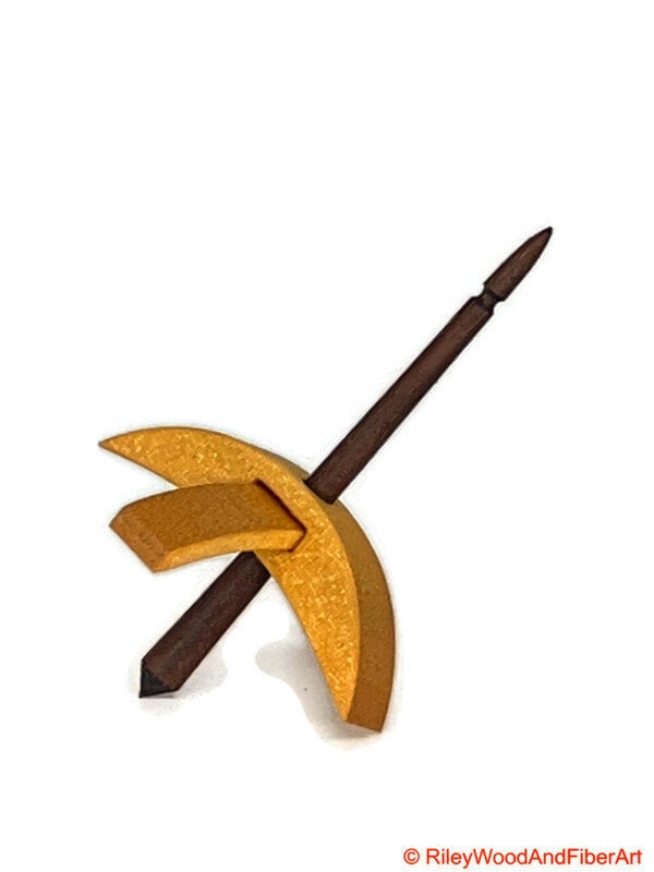 Mini Turkish Drop Spindle - Quartersawn Avodire Whorl with Honduran Rosewood Shaft on white background