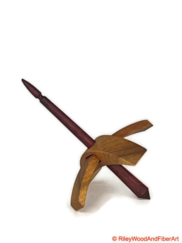 Mini Turkish Drop Spindle - Myrtle Whorl with Purple Heart Shaft on white background