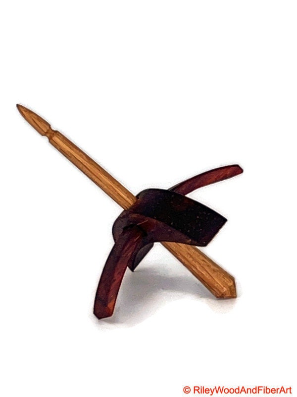 Mini Turkish Drop Spindle - Padauk Whorl with Red Oak Shaft on white background