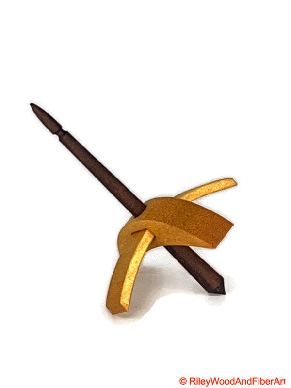 Mini Turkish Drop Spindle - Quartersawn Avodire Whorl with Honduran Rosewood Shaft on white background