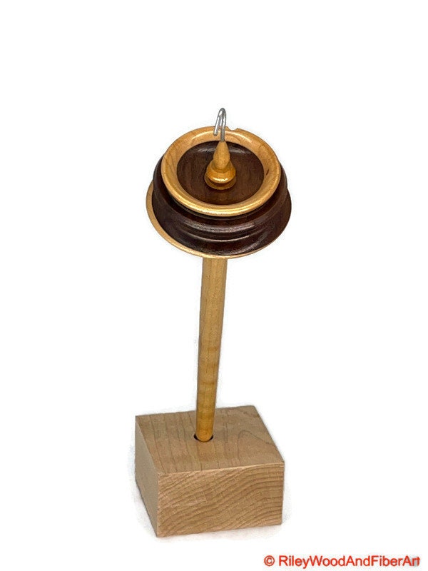 Top Whorl Drop Spindle - Maple & Walnut - Curly Maple Shaft - 35g on white background