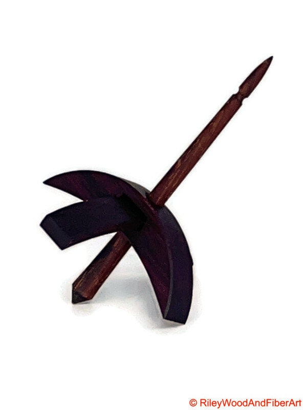 Mini Turkish Drop Spindle - Purple Heart Whorl with Honduran Rosewood Shaft on white background