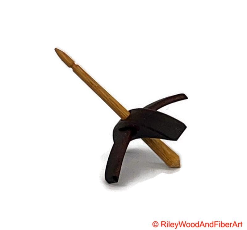 Mini Turkish Drop Spindle - Walnut Whorl with Hickory Shaft on white background