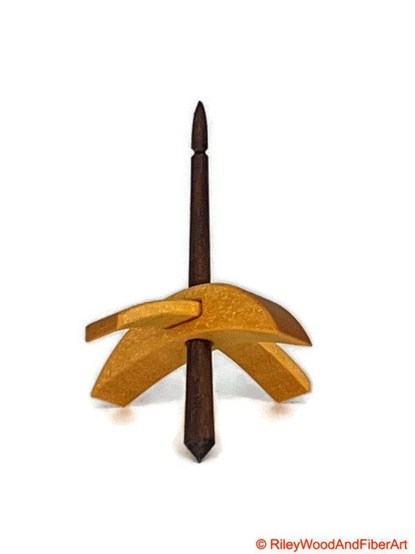 Mini Turkish Drop Spindle - Quartersawn Avodire Whorl with Honduran Rosewood Shaft on white background