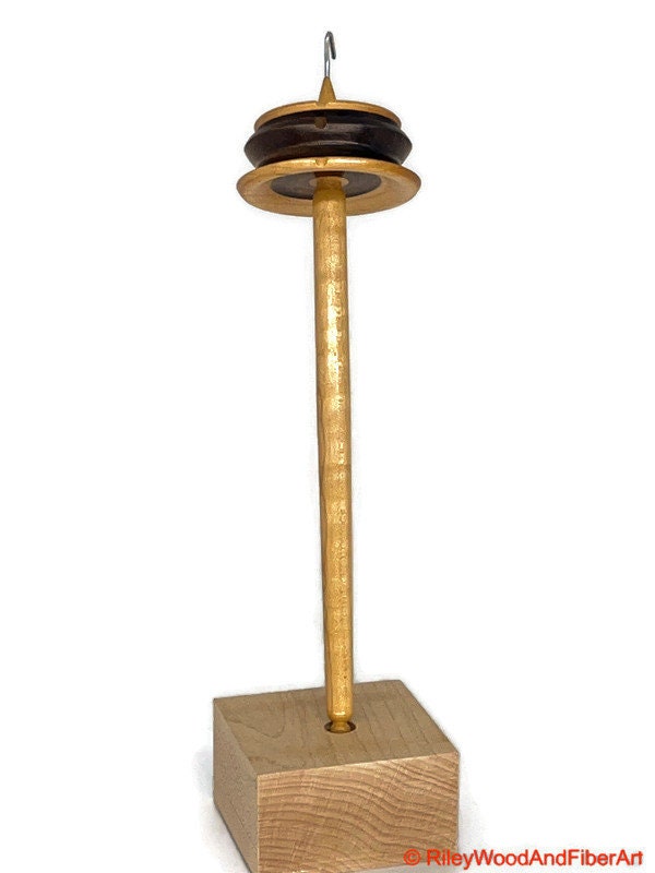 Top Whorl Drop Spindle - Maple & Walnut - Curly Maple Shaft - 35g on white background