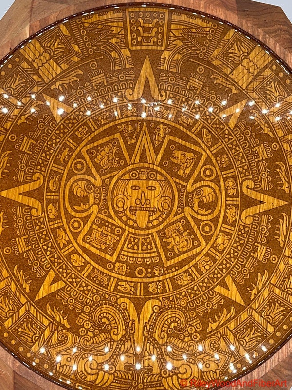 Aztec Sun Stone With 3d Carved Sun on periphery Wall Hanging Large made by Riley Wood and Fiber Art