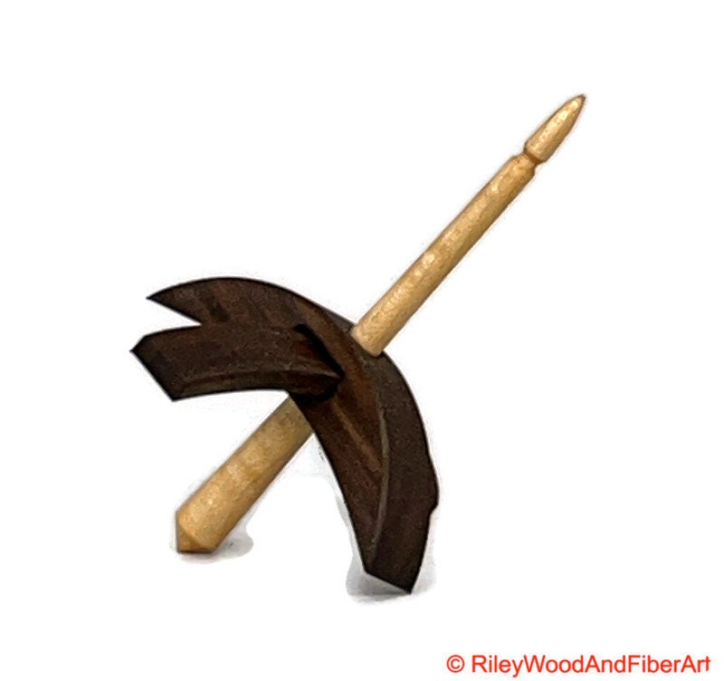 Mini Turkish Drop Spindle - Walnut Whorl with Curly Maple Shaft on white background