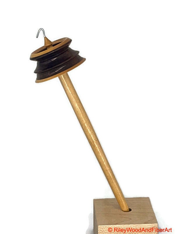 Top Whorl Drop Spindle - Walnut & Maple - 29g on white background