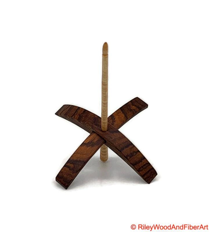 Mega Turkish Drop Spindle - Quartersawn Zebra Whorl with Curly Maple Shaft made by Riley Wood and Fiber Art
