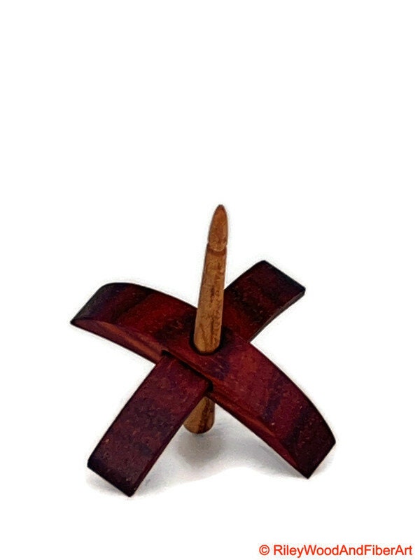 Mini Turkish Drop Spindle - Padauk Whorl with Maple Heartwood Shaft on white background