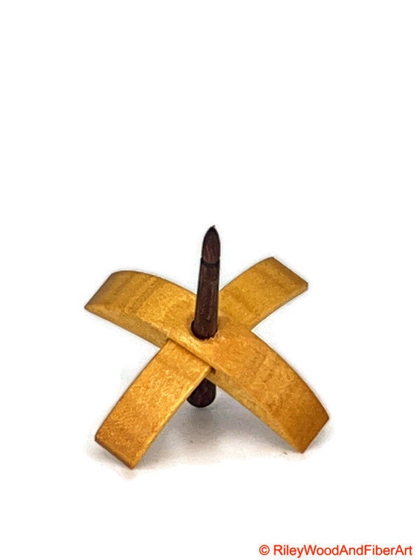 Mini Turkish Drop Spindle - Quartersawn Avodire Whorl with Walnut Shaft on white background
