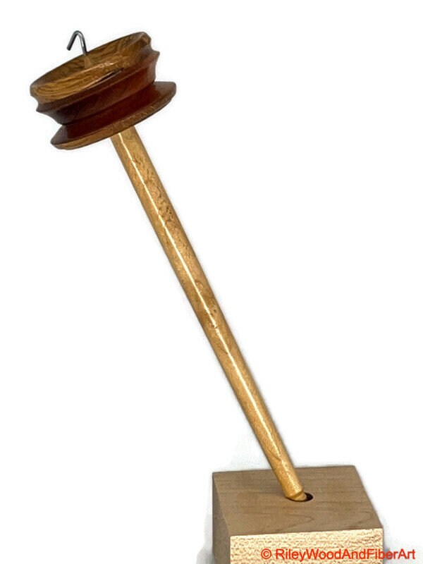 Top Whorl Drop Spindle - Rift Sawn White Oak & African Mahogany - 29g on white background