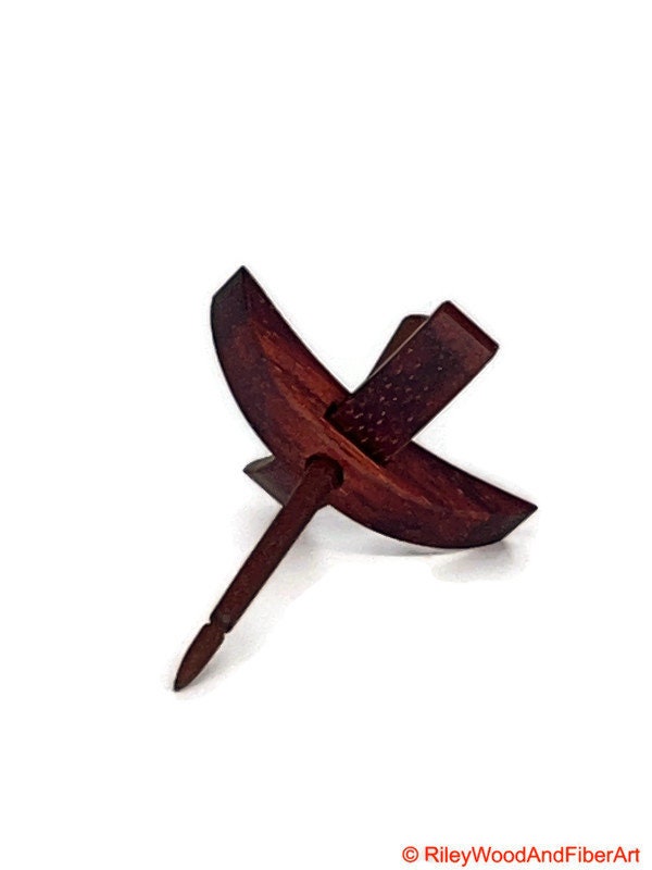 Mini Turkish Drop Spindle - Padauk Whorl with Red Heart Shaft on white background