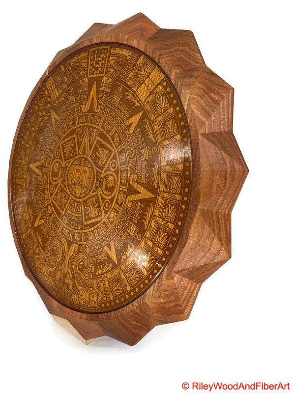 Aztec Sun Stone With 3d Carved Sun on periphery Wall Hanging Large made by Riley Wood and Fiber Art