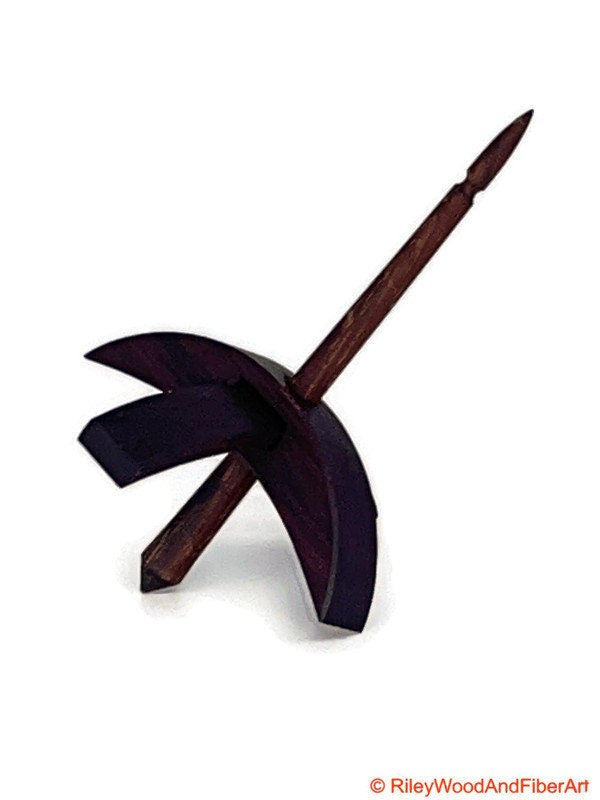 Mini Turkish Drop Spindle - Purple Heart Whorl with Chechen Shaft on white background