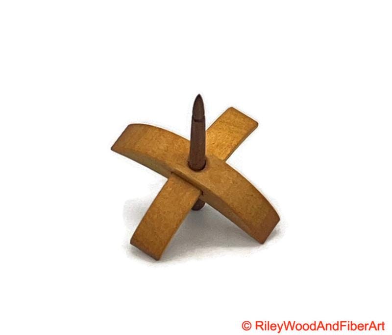 Mini Turkish Drop Spindle - Quartersawn Avodire Whorl with Maple Heartwood Shaft on white background