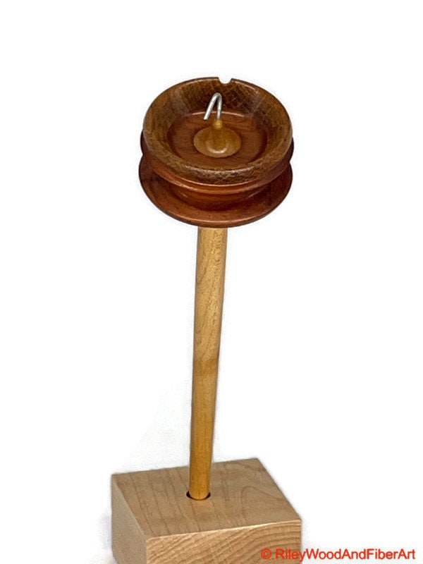 Top Whorl Drop Spindle - Rift Sawn White Oak & African Mahogany - 29g on white background