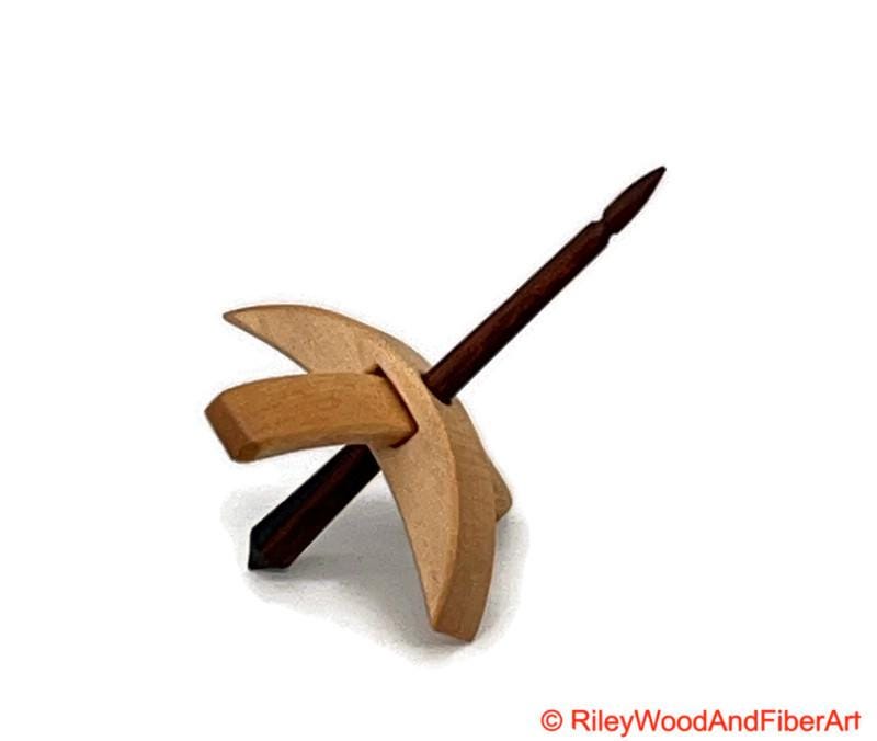 Mini Turkish Drop Spindle - Maple Whorl with Jobillo Shaft on white background