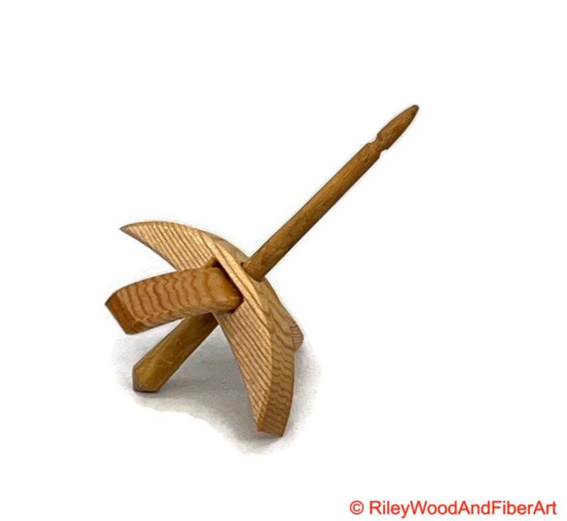 Mini Turkish Drop Spindle - Sitka Spruce Whorl with Hickory Shaft on white background