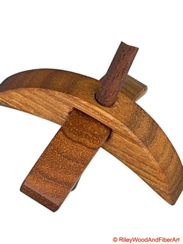 Mini Turkish Drop Spindle - Quartersawn Canary Whorl with Walnut Shaft on white background