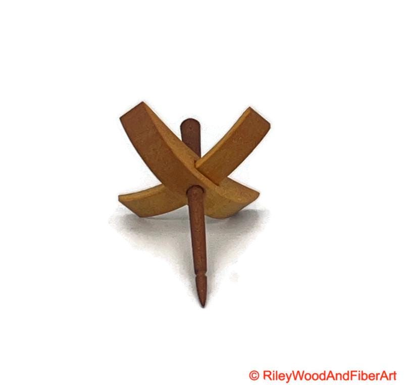 Mini Turkish Drop Spindle - Quartersawn Avodire Whorl with Maple Heartwood Shaft on white background