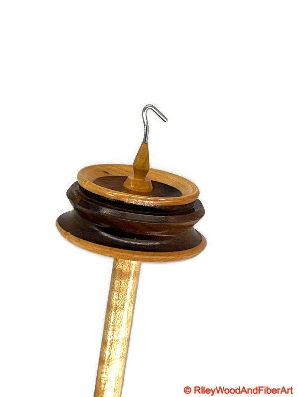 Top Whorl Drop Spindle - Maple & Walnut - Curly Maple Shaft - 35g on white background