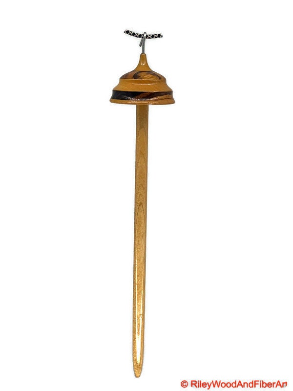 Top Whorl Drop Spindle - Maple & Zebra - 14g on white background