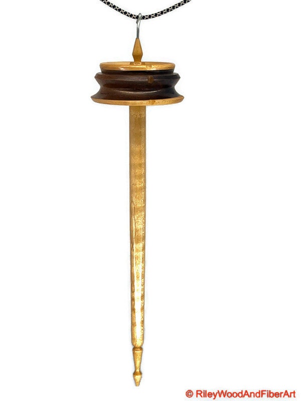 Top Whorl Drop Spindle - Maple & Walnut - Curly Maple Shaft - 35g on white background
