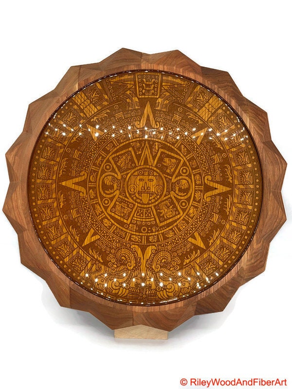 Aztec Sun Stone With 3d Carved Sun on periphery Wall Hanging Large made by Riley Wood and Fiber Art