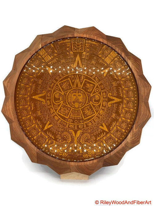 Aztec Sun Stone With 3d Carved Sun on periphery Wall Hanging Large made by Riley Wood and Fiber Art