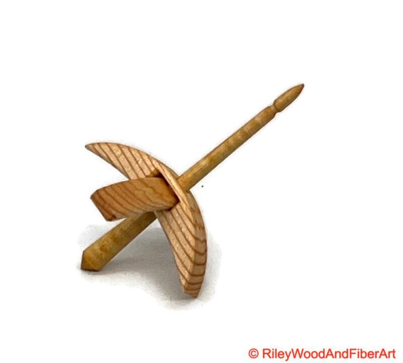 Mini Turkish Drop Spindle - Sitka Spruce Whorl with Curly Maple Shaft on white background