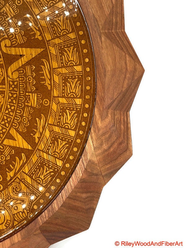 Aztec Sun Stone With 3d Carved Sun on periphery Wall Hanging Large made by Riley Wood and Fiber Art