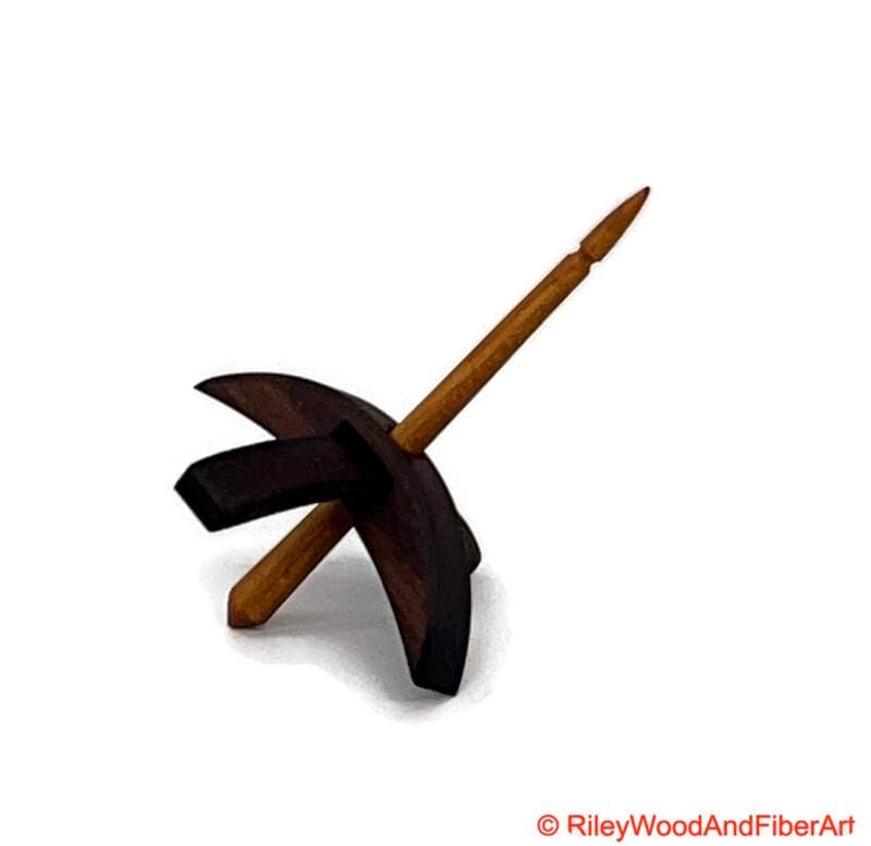 Mini Turkish Drop Spindle - Walnut Whorl with Maple Heartwood Shaft on white background